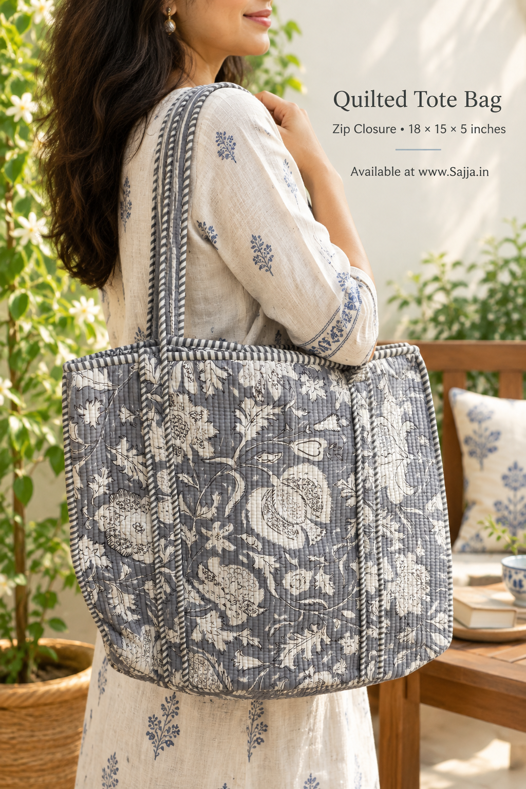 Block print tote bag - Boho quilted women's bags  - Women's handbag - Grey Hand block Printed Quilted cotton Shoulder Bag