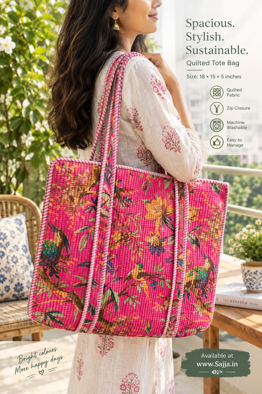 Birdie Block print tote bag - Boho quilted women's bags - Multi Use handbag