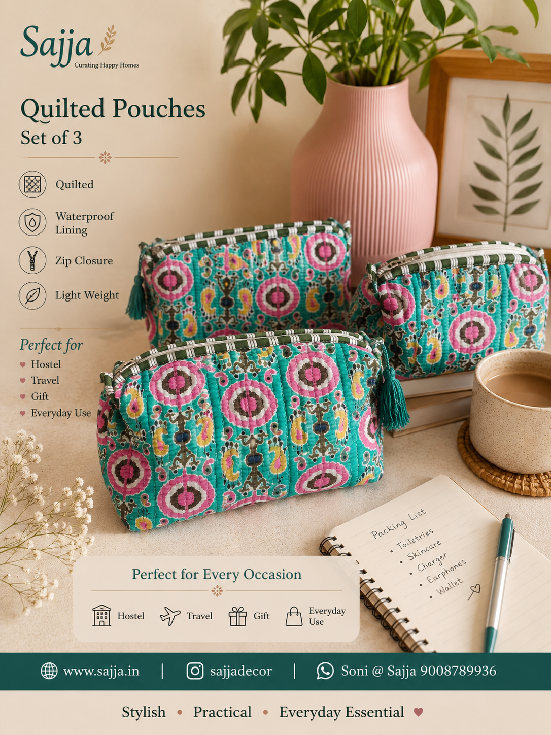 Trendy Teal Green Ikat Hand block cotton pouch - Set of 3
