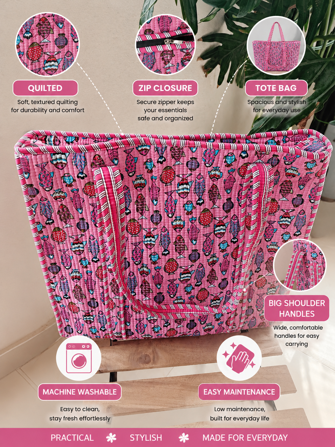 Pink Purple Fish Hand block Printed Quilted Tote Bag with concealed zip 15x 18x 5 inches