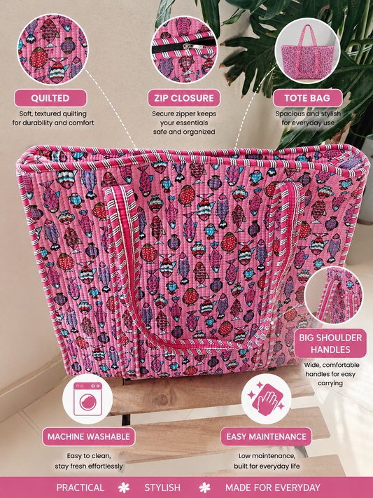 Pink Purple Fish Hand block Printed Quilted Tote Bag with concealed zip 15x 18x 5 inches