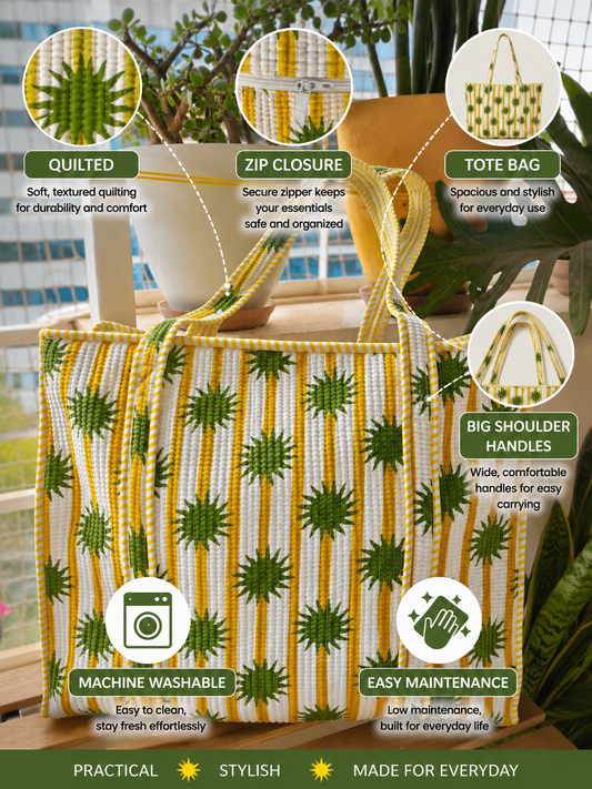 Yellow White Floral Block print tote bag - Handblock quilted women's bags - Women's handbag