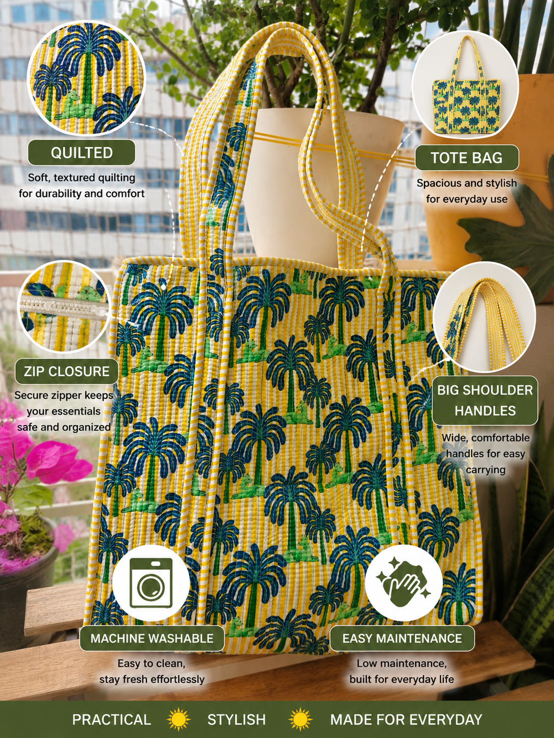 Striped Yellow Green Handblock Quilted Printed Tote Bag Palm Tree Shopping Bag For Girl Women