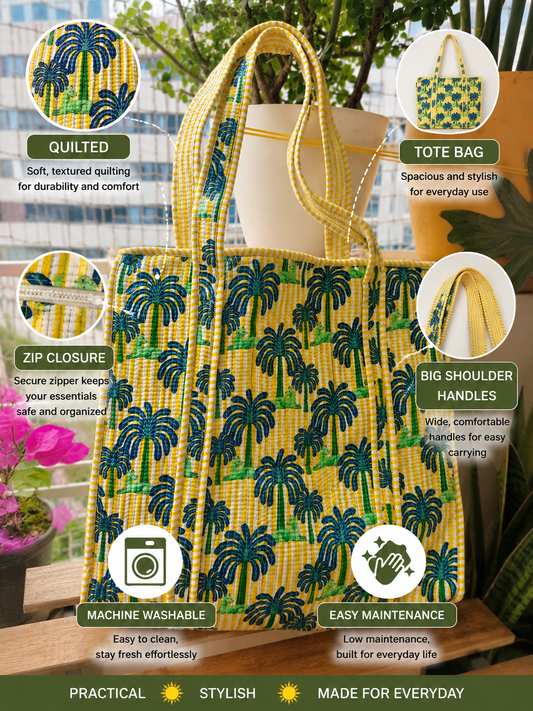 Striped Yellow Green Handblock Quilted Printed Tote Bag Palm Tree Shopping Bag For Girl Women