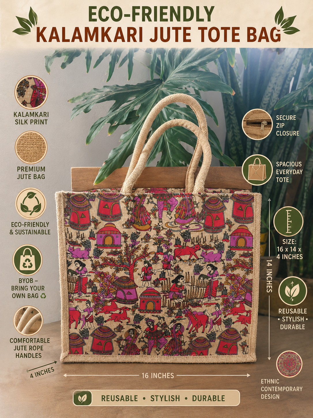 Colorful Tribal Kalamkari Printed Silk Jute Bag – Eco-Friendly Gift Bag Tote Shopping Bag
