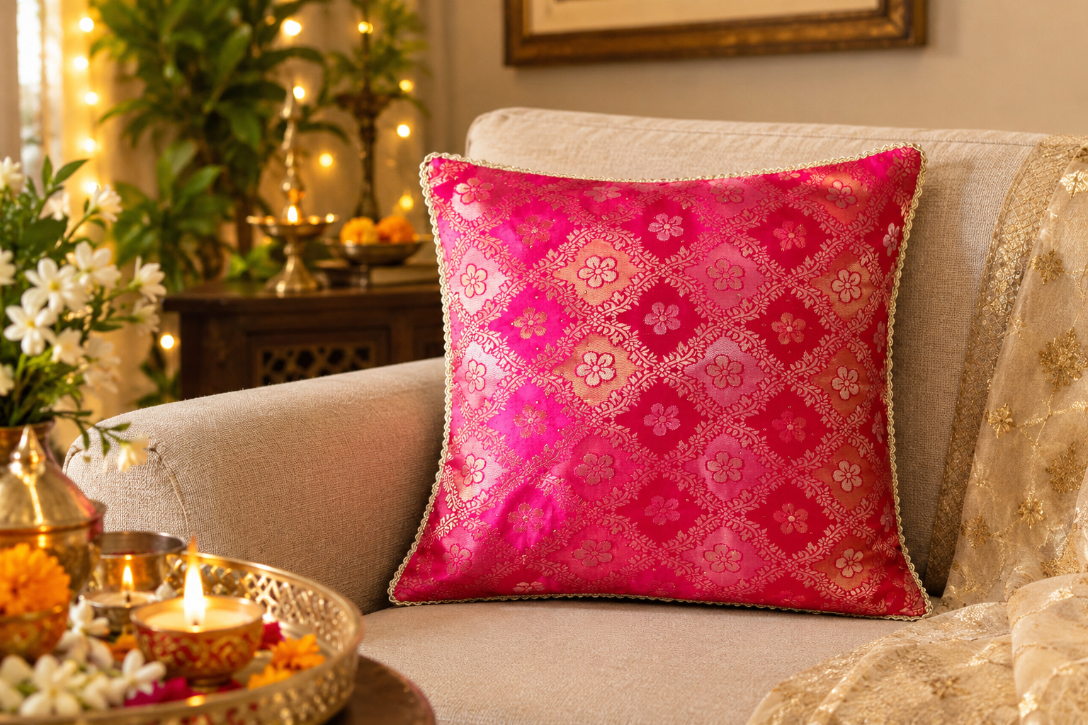 Pink - Tradational Banarasi Handwoven Bandhej Brocade Silk Cushion  Covers with Vintage lace 16 x16