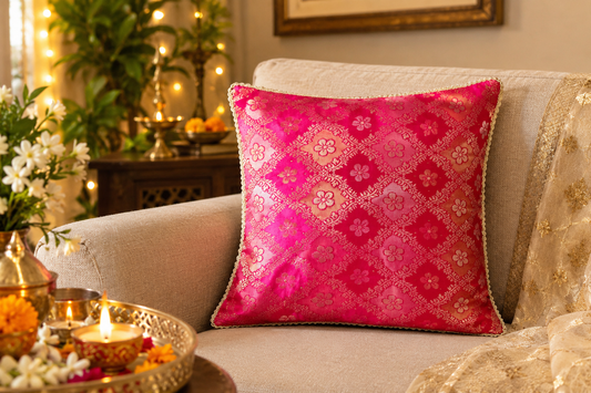 Pink - Tradational Banarasi Handwoven Bandhej Brocade Silk Cushion Covers with Vintage lace 16 x16