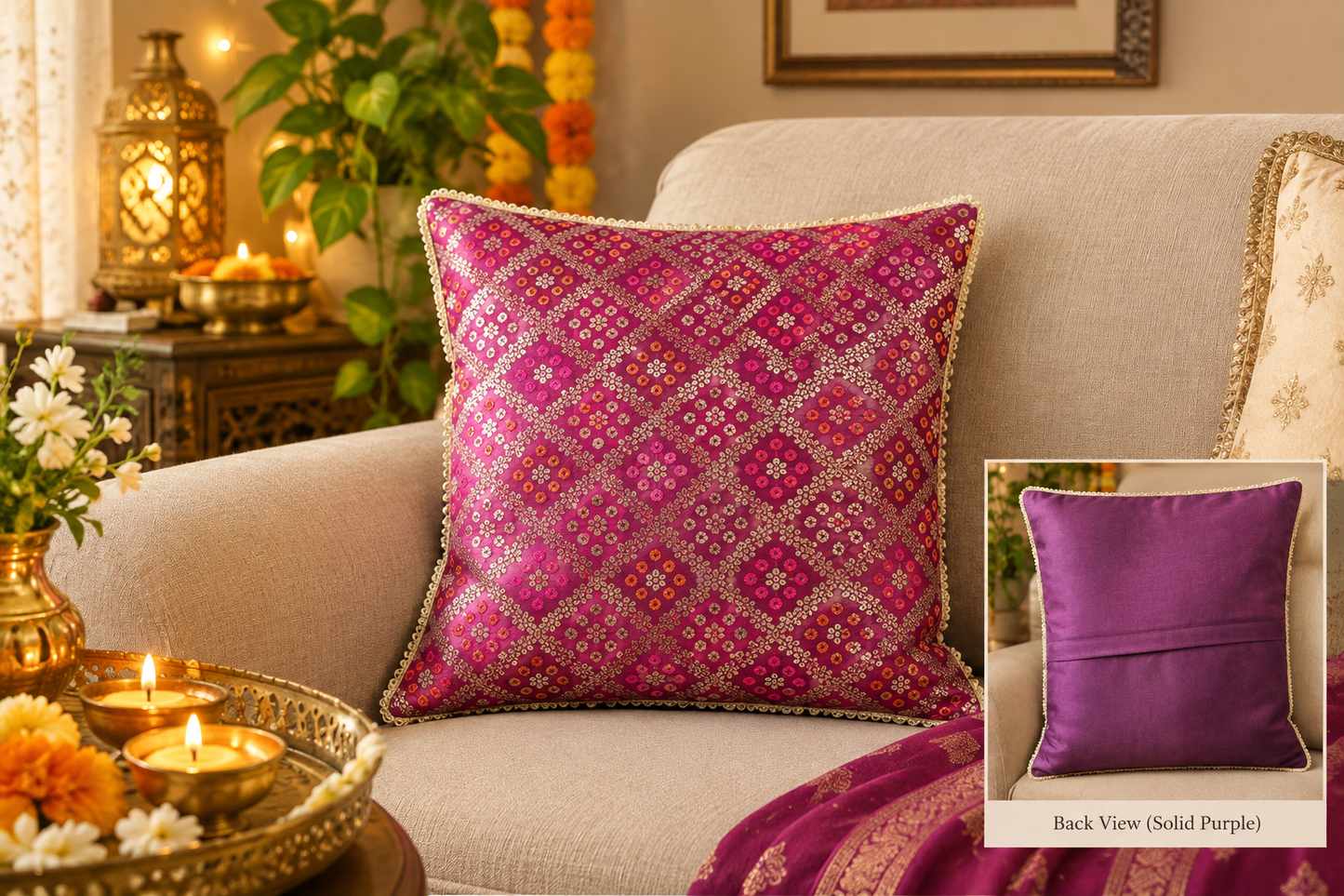 Purple- Tradational Banarasi Handwoven Bandhej Brocade Silk Cushion  Covers with Vintage lace 16 x16