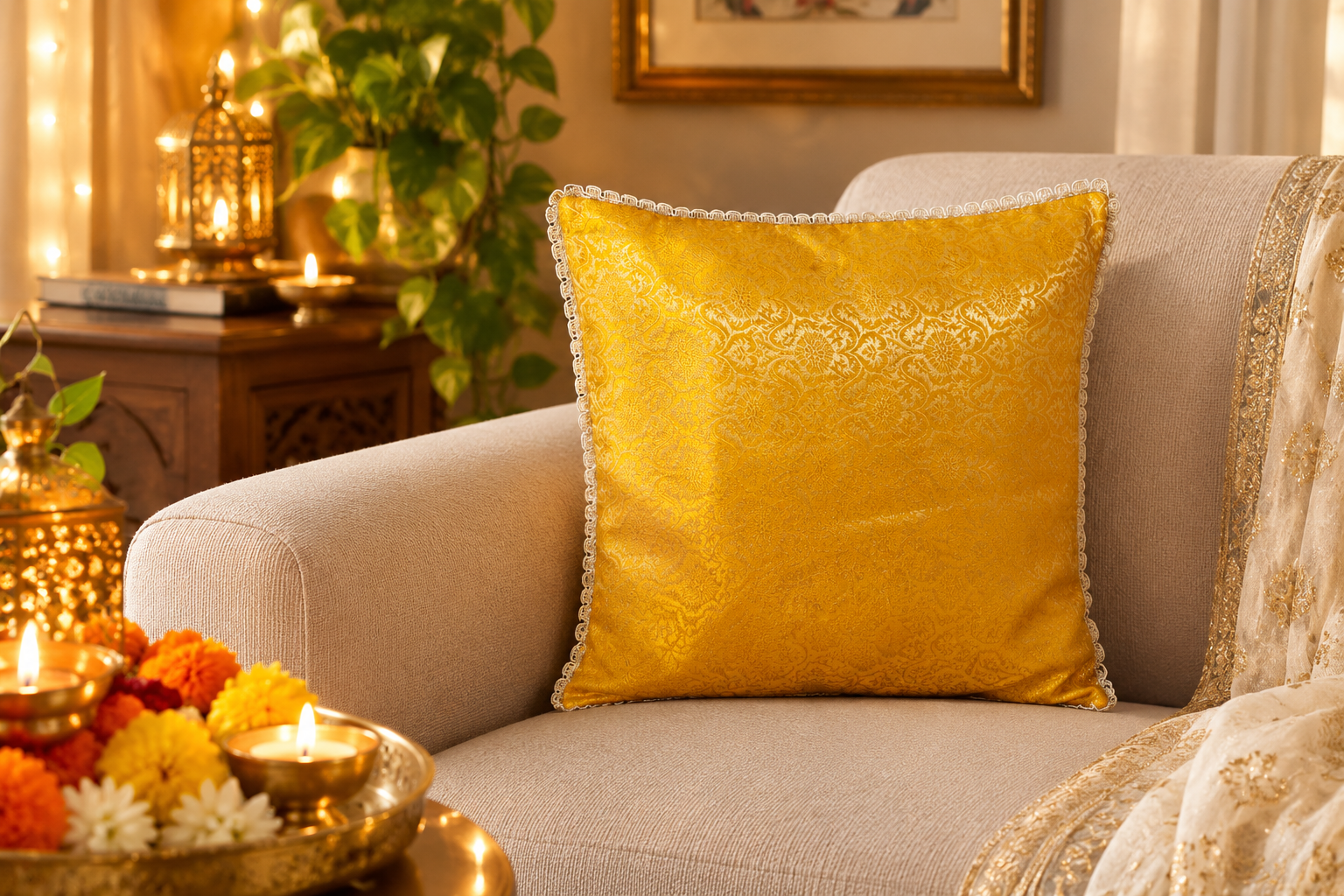 Yellow- Tradational Banarasi Handwoven Brocade Silk Cushion  Covers with Vintage lace 16 x16