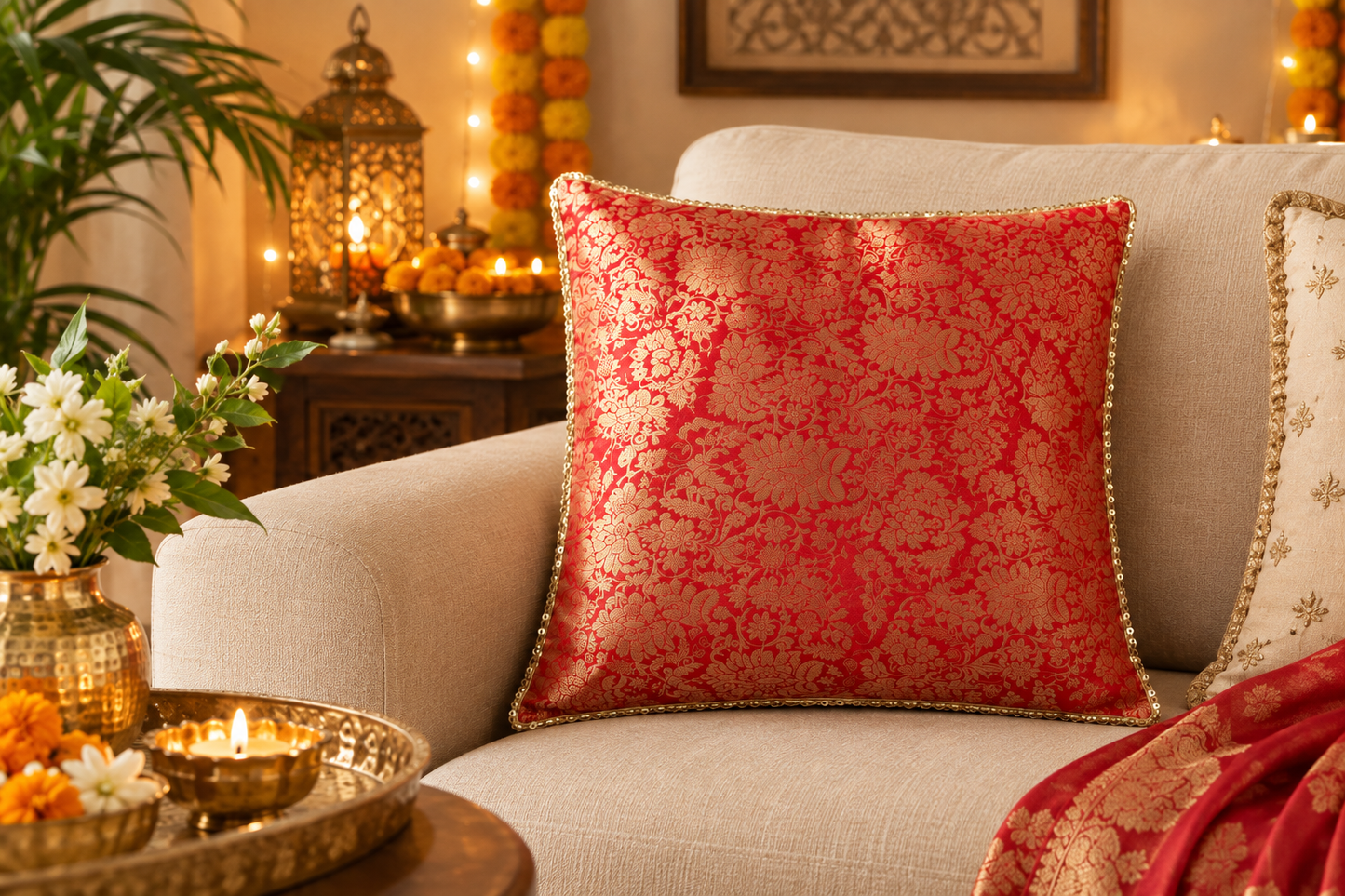 Red - Tradational Banarasi Handwoven Brocade Silk Cushion  Covers with Vintage lace 16 x16