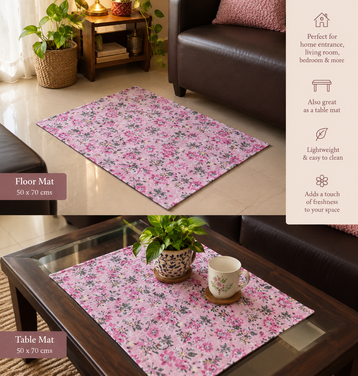 Versatile Pink Floral Duck Cotton Floor Mat Rug | Use as Table Décor Mat | Perfect Kids Mat