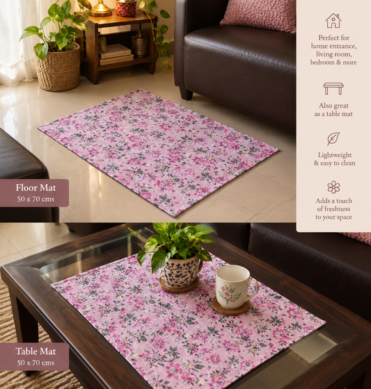 Versatile Pink Floral Duck Cotton Floor Mat Rug | Use as Table Décor Mat | Perfect Kids Mat