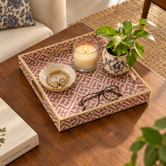 Pinkish Purple Decorative Sqaure MDF Tray | Stylish Serving & Home Décor Tray 