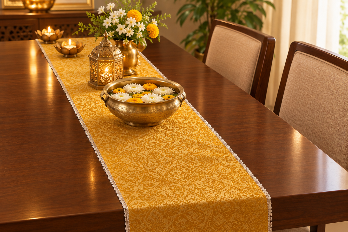 Real Banarasi Brocade Raw Dupion Silk Yellow Bandhej Table Runner | Luxury Table Décor by Sajja