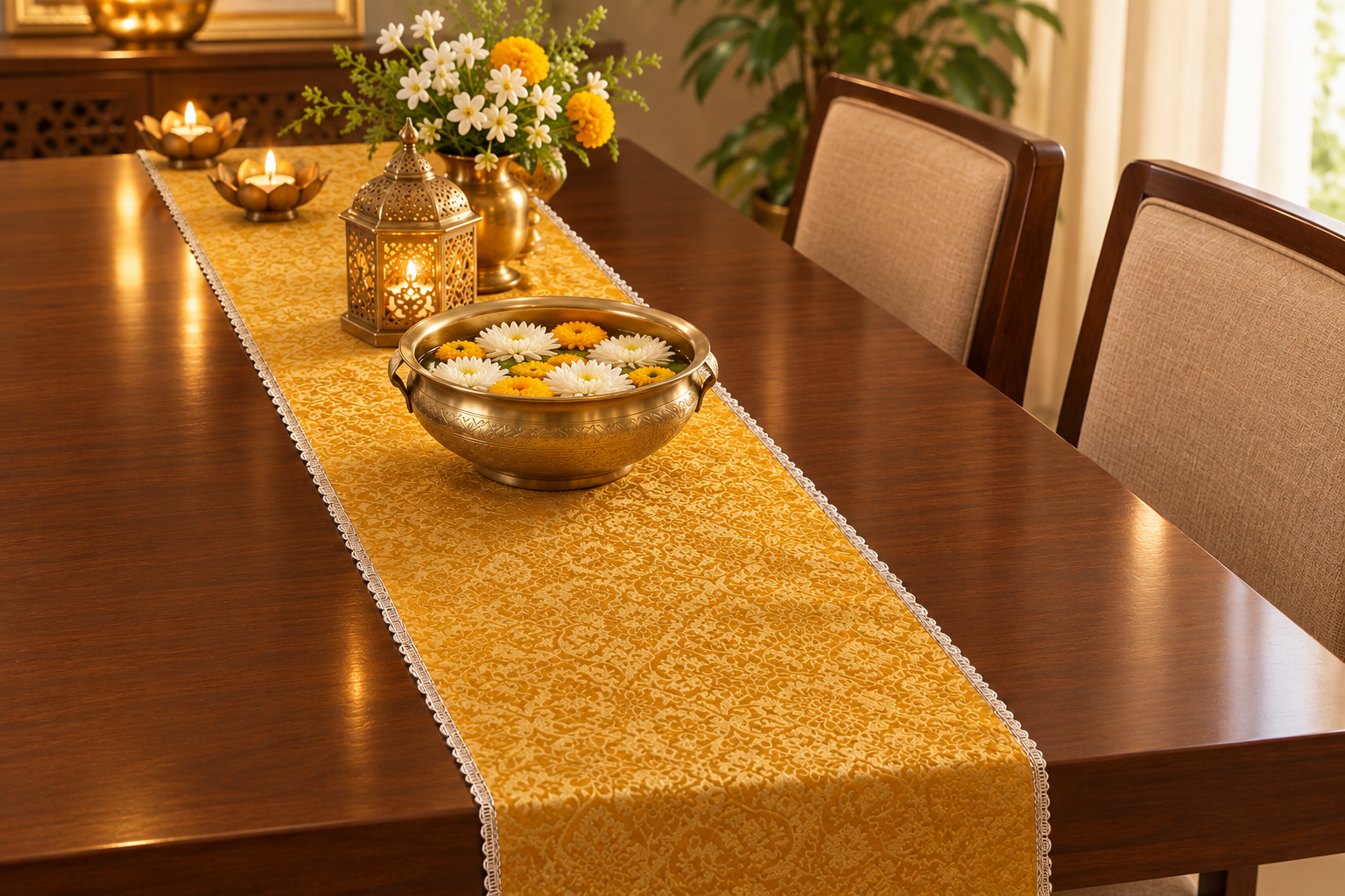 Real Banarasi Brocade Raw Dupion Silk Yellow Bandhej Table Runner | Luxury Table Décor by Sajja