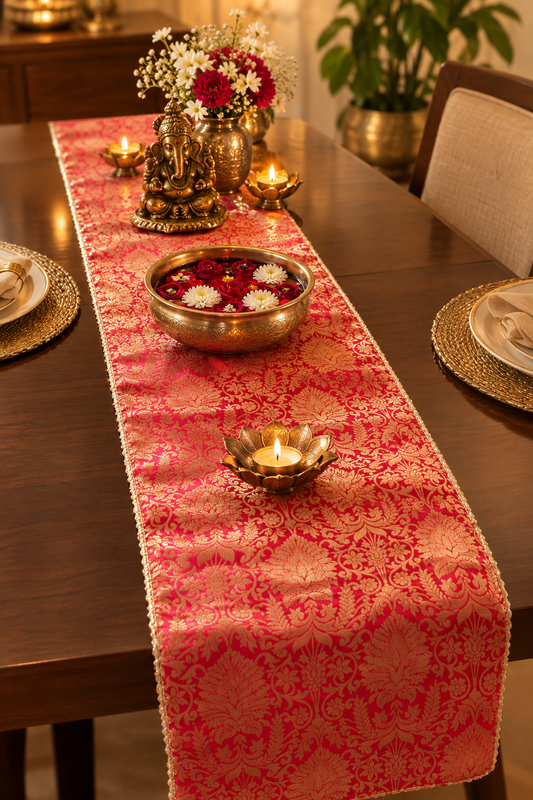 Real Banarasi Brocade Raw Dupion Silk Red Bandhej Table Runner | Luxury Table Décor by Sajja