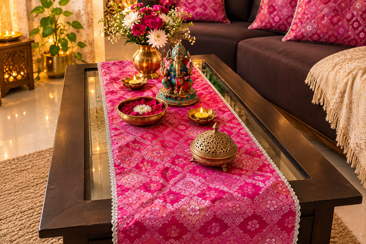 Real Banarasi Brocade Raw Dupion Silk Rani Pink Bandhej Table Runner | Luxury Table Décor by Sajja