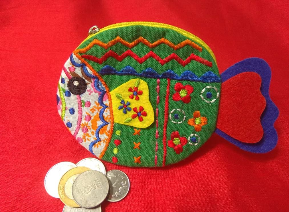 Green Fish Shaped Handmade Cotton Fabric Kids Pouch Coin bag iPods Earplugs bag multicolour