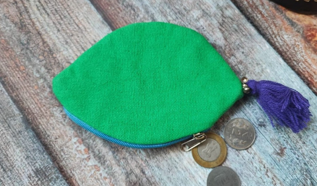 Master Piece Crafts Handmade Pine Green Cotton and Silk Coin Purse with  Leaf Motif Beading, Enchanting