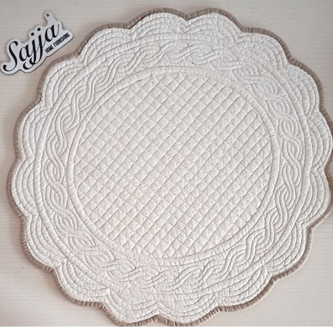 Trellis Quilted Embriodered Ivory Brown Reversible Cotton Round Fabric Table Placemat 1 piece