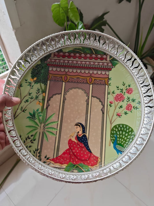German Silver Metal Festive Tray Phad Rajasthani Painting  10 x 10 inches | Gifting | Decor