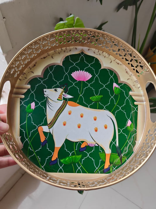 Big Round Green Pichwai Gold  Decorative Tray (10 x 10 inches)