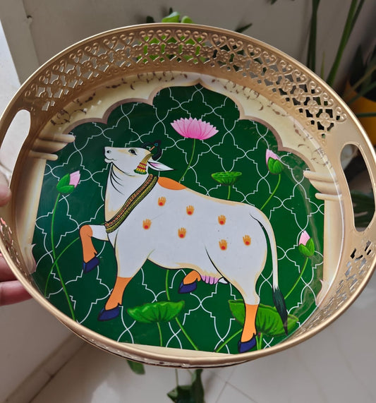 Big Round Green Pichwai Gold  Decorative Tray (10 x 10 inches)