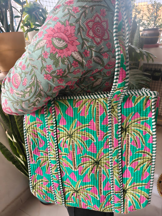 Teal Floral Block print tote bag - Boho quilted women's bags - Women's handbag Lunch Tote Bag