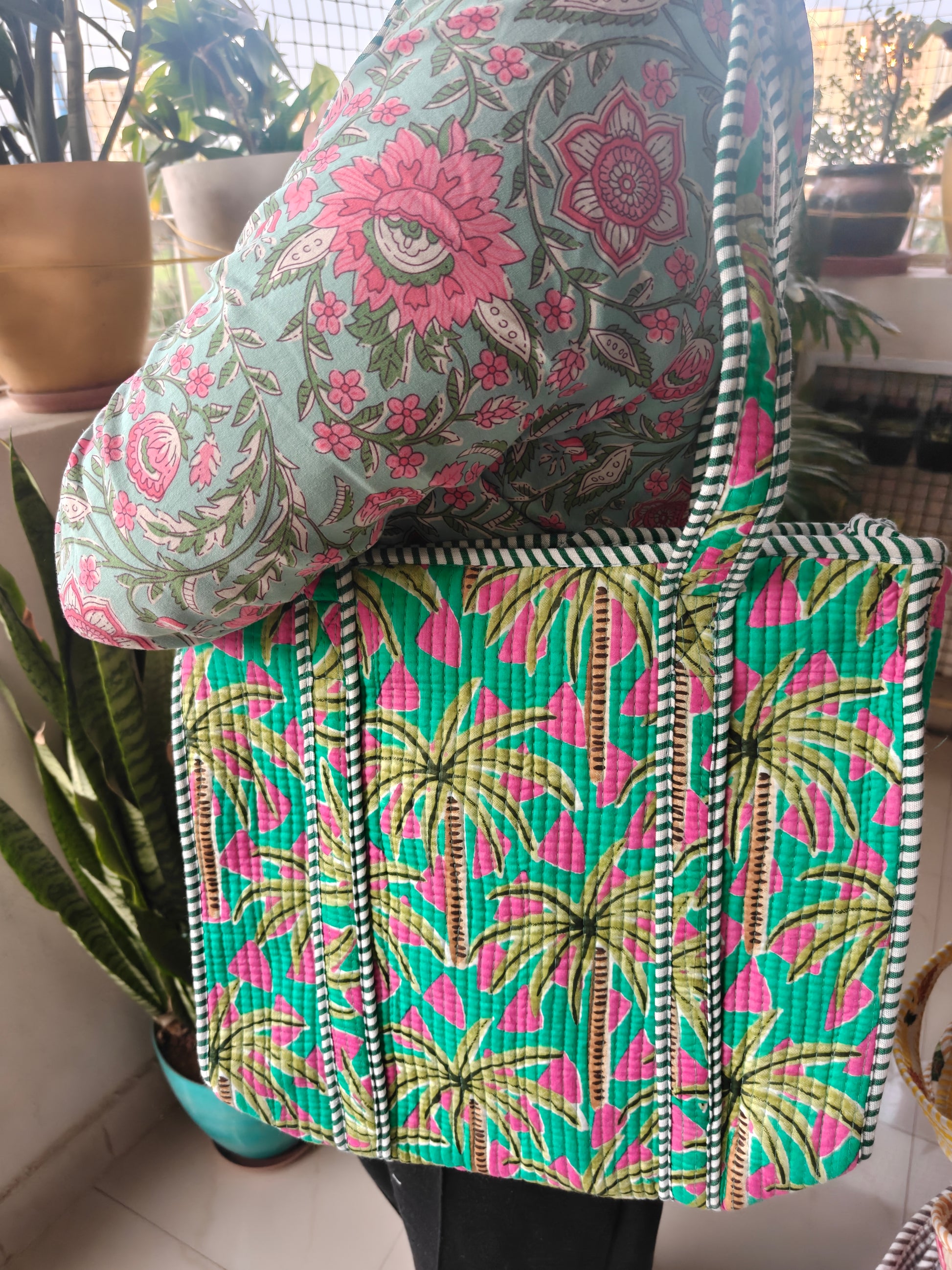 Teal Floral Block print tote bag - Boho quilted women's bags - Women's handbag Lunch Tote  Bag