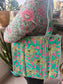 Teal Floral Block print tote bag - Boho quilted women's bags - Women's handbag Lunch Tote  Bag