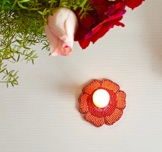 Sajja Rust Orange Floral Handmade Round Beads Coaster Doily