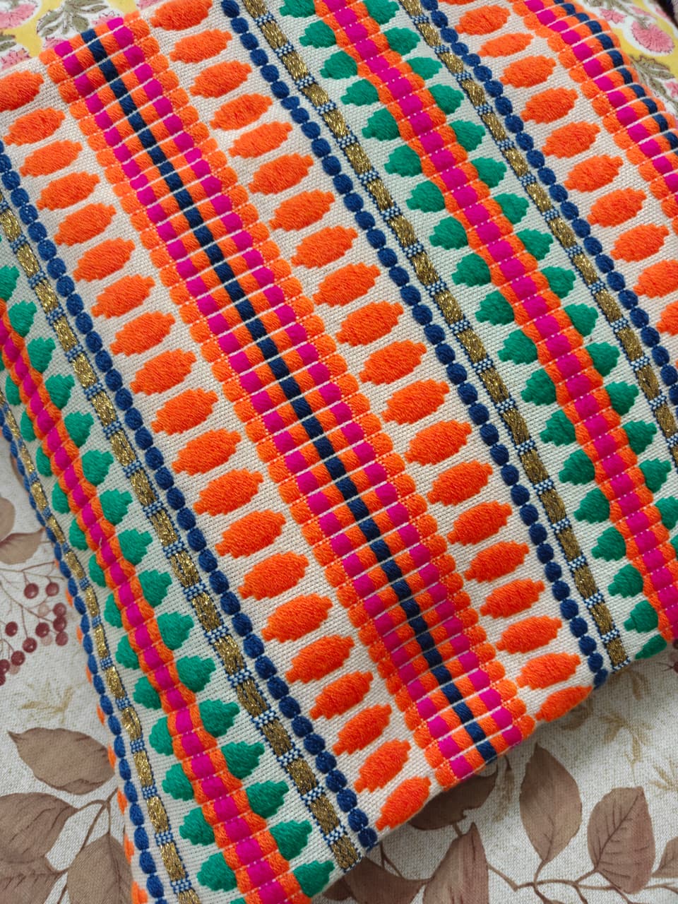 Boho Jacquard Hand Woven Orange Green Small Cushion Cover 12 x 12 inches 1 piece