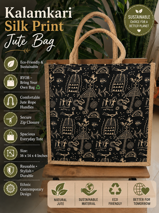Buy Kalamkari Abstract Silk Jute Gifting Bag | Handcrafted Tote Bags | Buy Party favors | Gift Bag