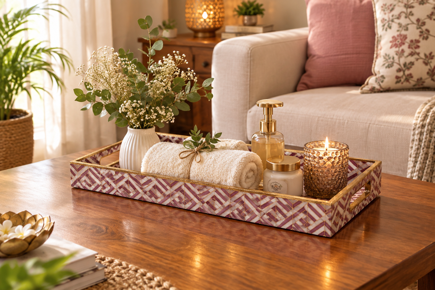 Purple Pink Turkish Mosaic Gold Decorative MDF Tray | Stylish Serving & Home Décor Tray