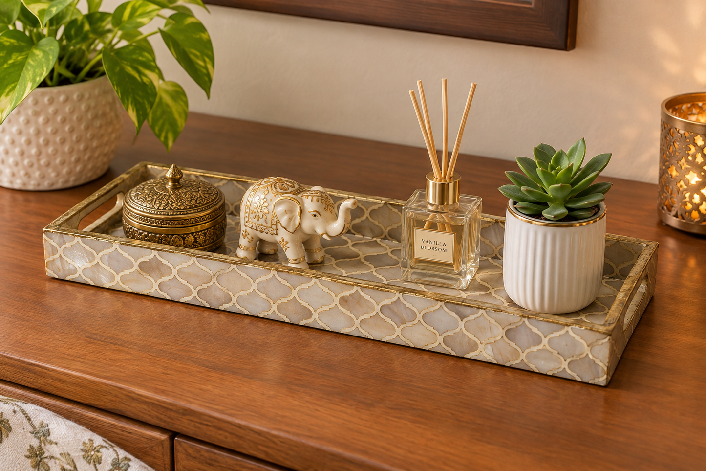 Cream Gold Decorative MDF Tray | Stylish Serving & Home Décor Tray