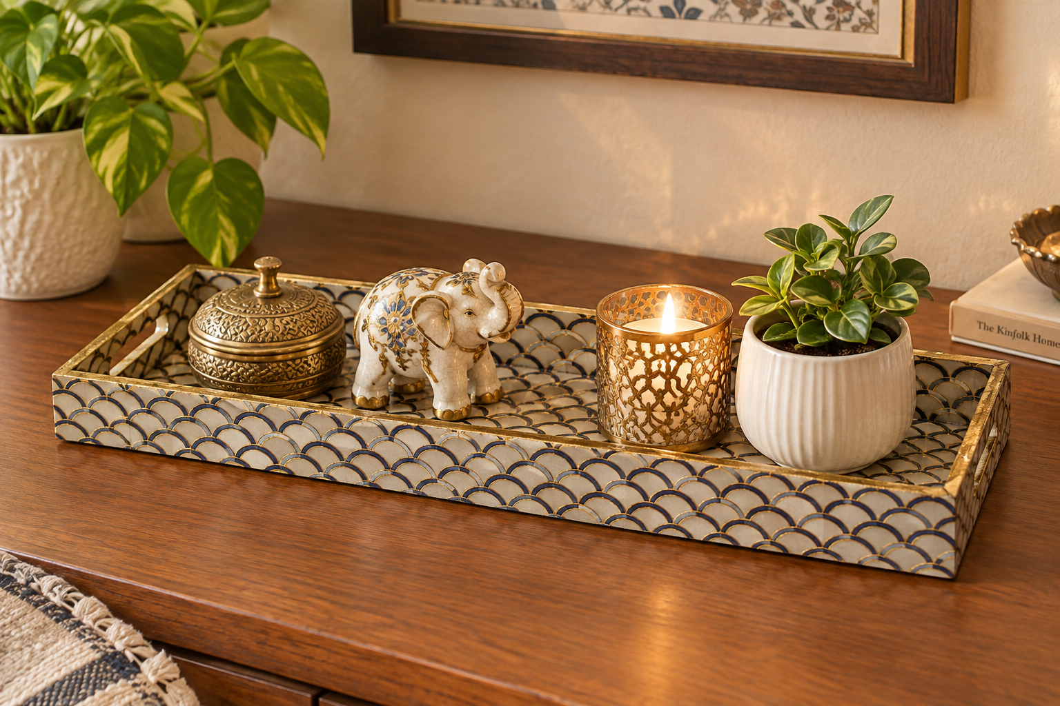 Ivory Gold Decorative MDF Tray | Stylish Serving & Home Décor Tray