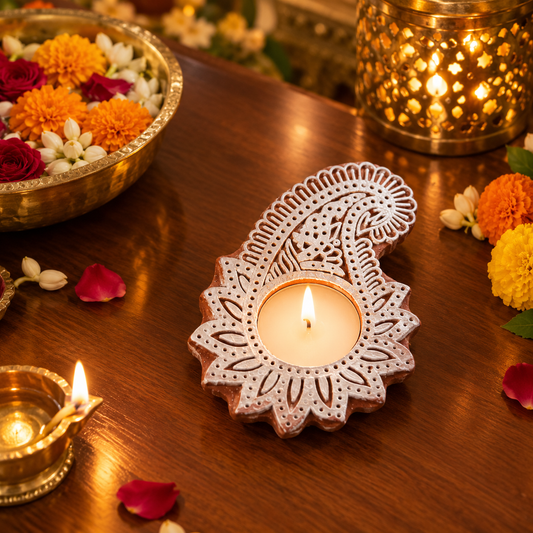 Embrace the Divinity Wooden Hand Block Engraved Tea light holder| 1 piece | Indian Festival Diya
