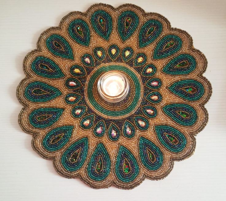 Designer Royal Peacock Feather Gold Green  Blue Round Beads Placemat