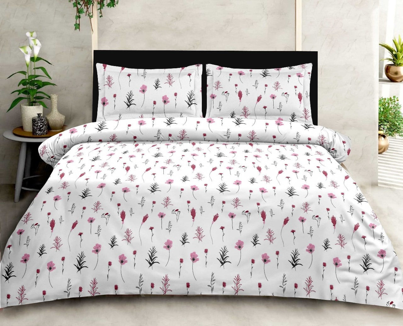 Luxury Opulence Premium Cotton Floral White Pink Grey Double Bedsheet Queen