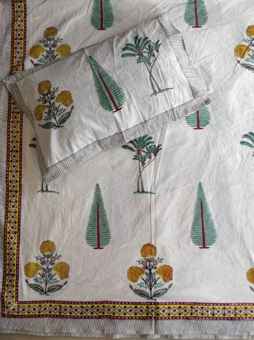 
Designer Mughal Bagh Phool Kinar Butta Cotton Hand block King Bedsheet 9 x 9 feet
