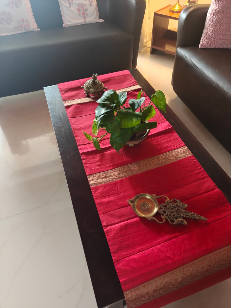 Rich Red Ethnic Zari Embriodered Silk  Rectangular Festive Table Runner ( 18 x 55 inches)