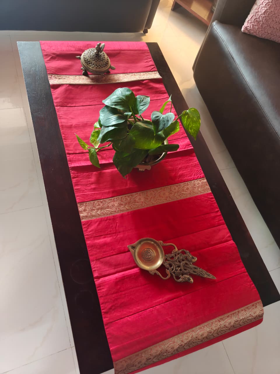 Rich Red Ethnic Zari Embriodered Silk  Rectangular Festive Table Runner ( 18 x 55 inches)