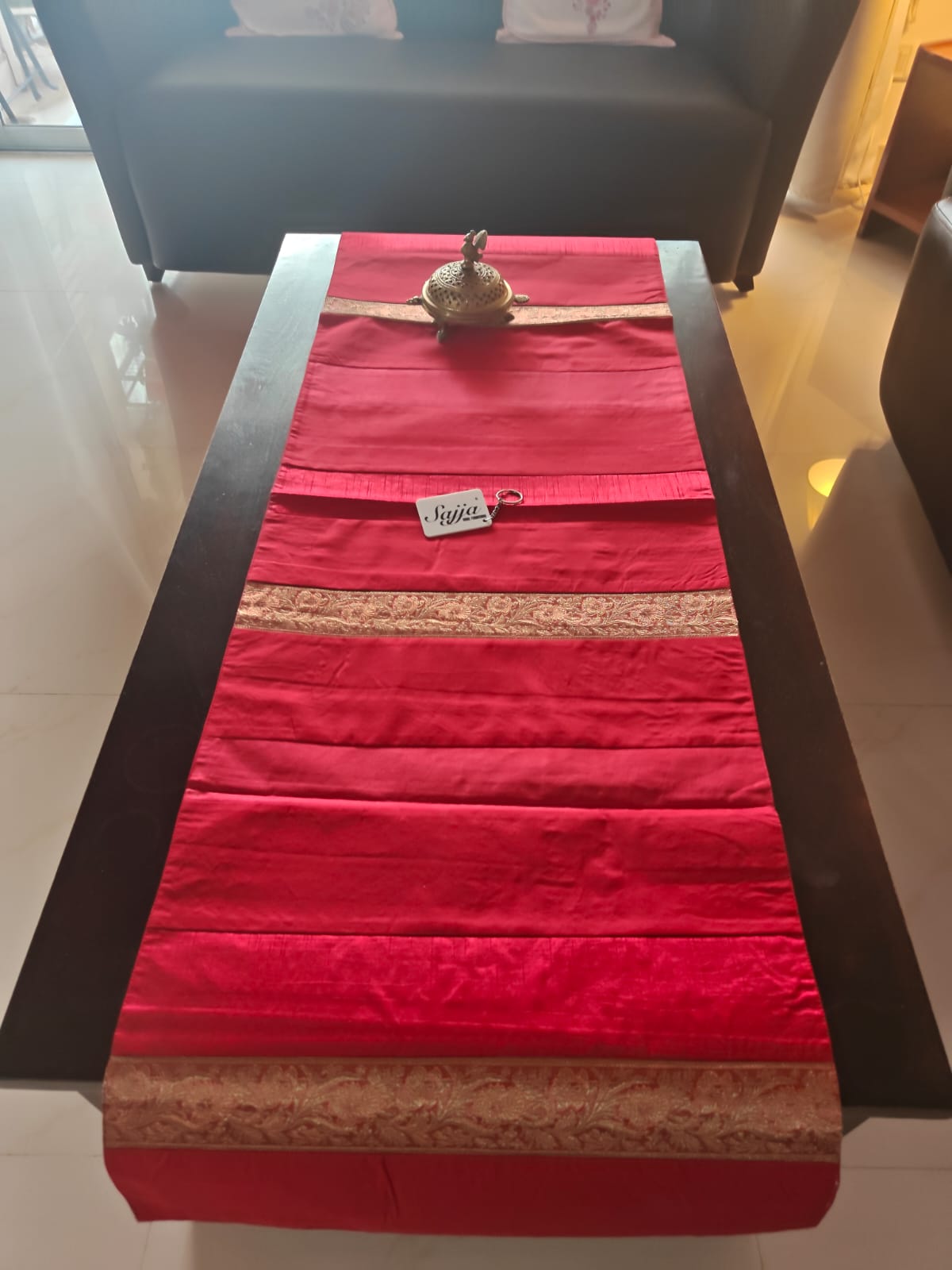 Rich Red Ethnic Zari Embriodered Silk  Rectangular Festive Table Runner ( 18 x 55 inches)