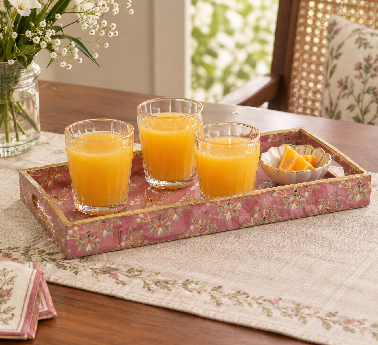 Rose Gold Floral Marble Inlay Print Decorative MDF Tray | Stylish Serving & Home Décor Tray