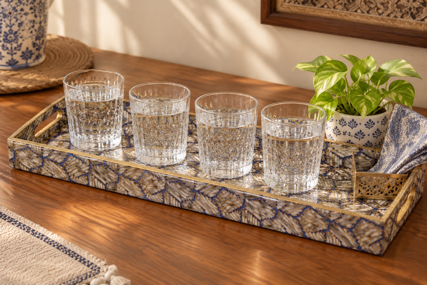 Royal Blue Turkish Mosaic Gold Decorative MDF Tray | Stylish Serving & Home Décor Tray