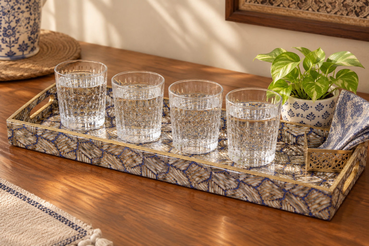 Royal Blue Turkish Mosaic Gold Decorative MDF Tray | Stylish Serving & Home Décor Tray