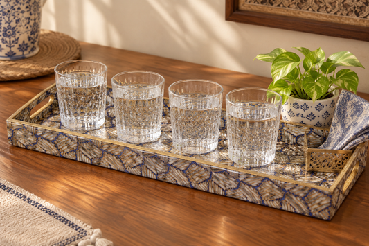 Royal Blue Turkish Mosaic Gold Decorative MDF Tray | Stylish Serving & Home Décor Tray