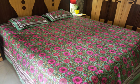 Vintage Floral Print Pink Pure Cotton Double Bedsheet King 9f x 9f