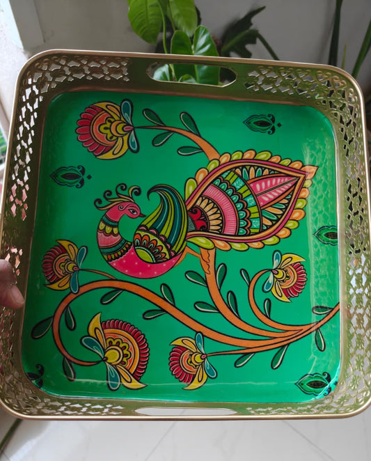 Magnificent Peacock Bird Floral Decorative Tray 10 x 10 inches | Square Flower Metal Trays