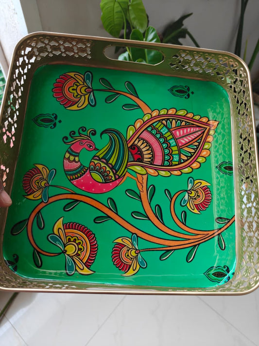 Magnificent Peacock Bird Floral Decorative Tray 10 x 10 inches | Square Flower Metal Trays